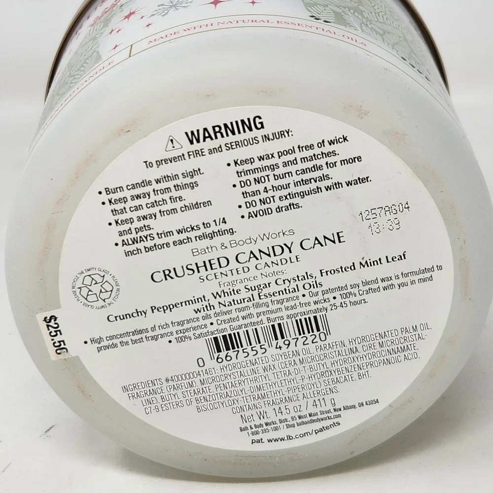 Bath Body Works Crushed Candy Cane 3 Wick Candle 14.5 oz White Barn Polar Bear